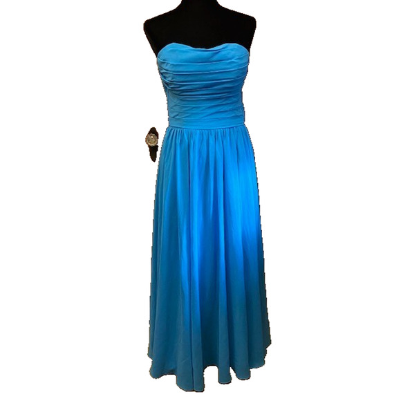 Dressy Evening Gown Wispy Pleated Blue Chiffon Classic Strapless Goddess Dress - Picture 1 of 8
